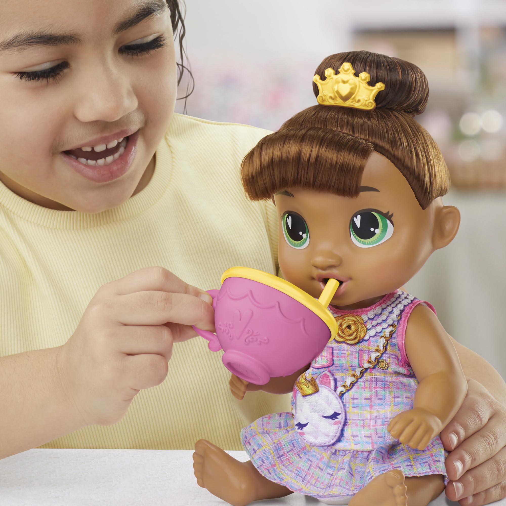 Baby Alive Bubbly Tea Party Sophia Sparkle Doll with Teapot Accessories, Brown Hair, 11 Inches, Kids Toys, Ages 3+