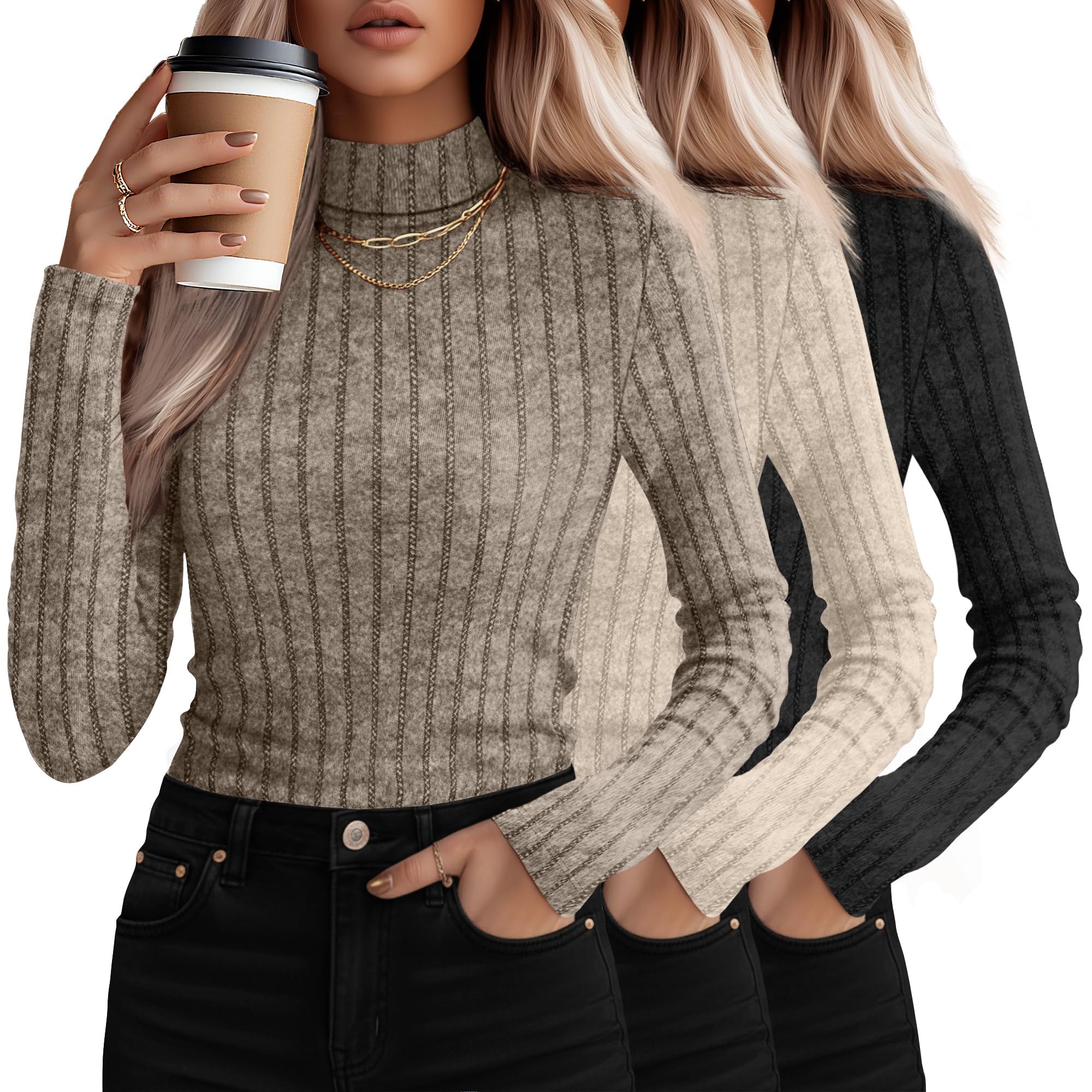 Photo 1 of 3 Pack Women's Mock Turtleneck Sweaters, Long Sleeve Ribbed Knit Tops Fit Soft Thermal Underwear, Lightweight Spring Pullover(Khaki, Apricot, Black,M)