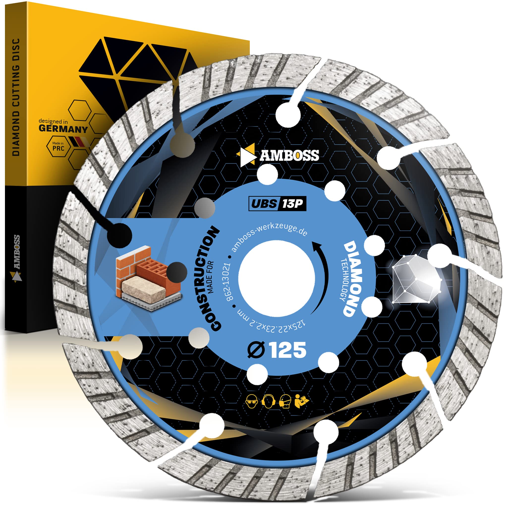 Anvil UBS 13P "Premium" - Diamond Cutting Disc - lightly reinforced concrete, construction materials, stone, diameter and bore selectable, segment height: 15 mm (sintered)., Ø 125 mm x 22,2 mm, 1