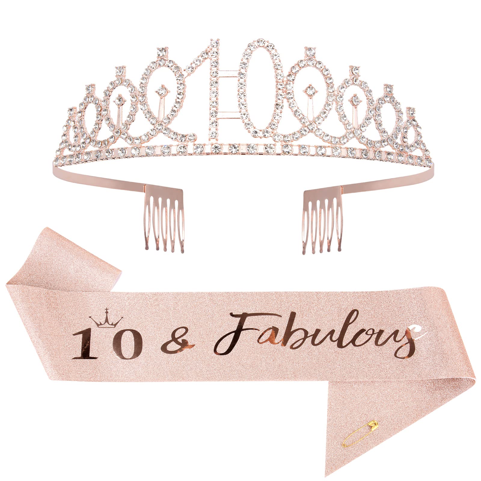 Mikccer Rose Gold 10th Birthday Sash and Tiara - Rhinestone Crown Headband for Girls' Birthday Gifts, Decoration Party Accessories