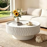 30.3" White Round Drum Coffee Table, Rustic Fluted Circle Wood Coffee Table | Easy Assembly Coffee Table Ribbed Coffee Table with Sturdy Base and Wood Finish Circle Center Table for Living Room