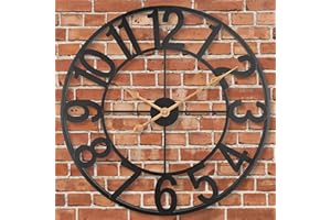 SKYNATURE 30 Inch Large Outdoor Clock, Silent Non-Ticking Wall Clocks Battery Operated, Retro Vintage Round Metal Indoor Outdoor Wall Clock for Patio, Pool, Garden, Living Room, Kitchen, Home Decor - Black