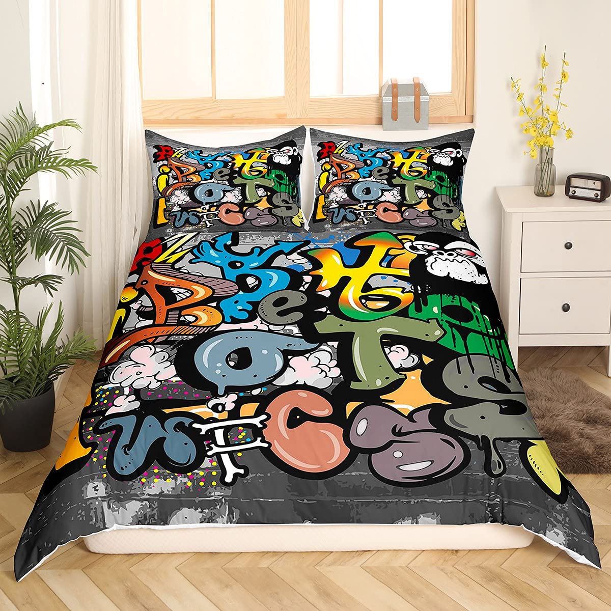 Loussiesd Children's Graffiti Wall Bed Set Sreet Art Design Bed Linen Set Soft Microfibre Hiphop Style Duvet Cover with 1 Pillowcase 2-Piece 135 x 200 cm + 80 x 80 cm, Boys