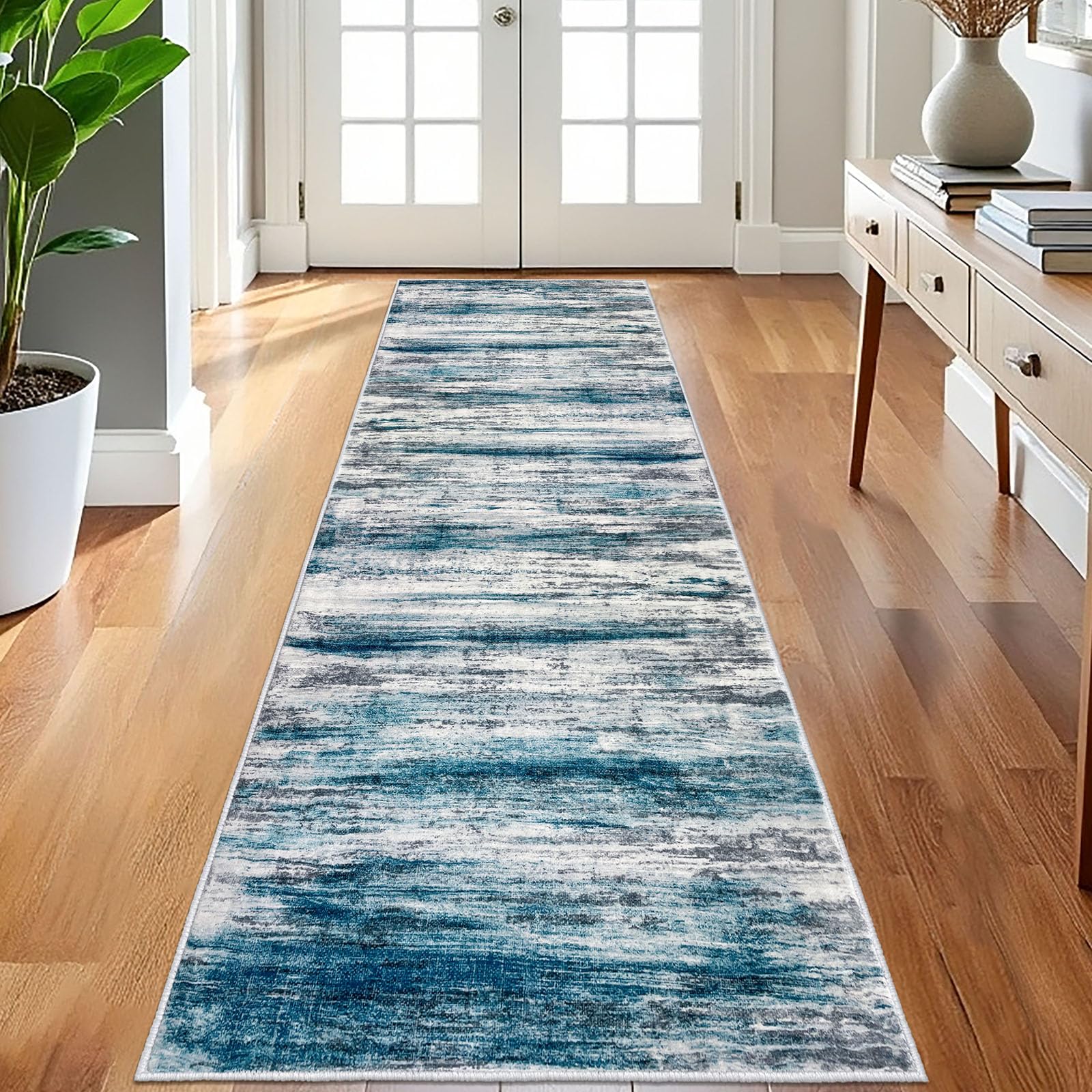 KOZYFLY 3x8 Area Rug Modern Ombre Area Rug for Bedroom, Washable Rug Non-Slip Soft Striped Living Room Rug, Print Blue Abstract Carpet for Laundry Nursery Image