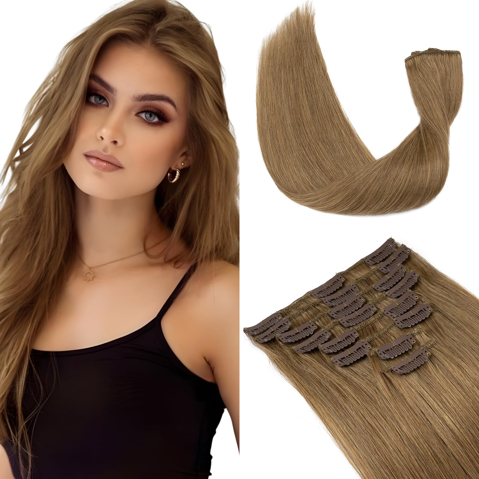 Elailite Clip in Hair Extensions Real Human Hair Remy - 8 Pcs Invisible Thin Weft - #06 Light Brown - 18 Inch 70G — image 1