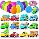 MGparty 12 Pack Prefilled Easter Eggs with Car Toys for Kids Bulk Plastic Eggs Pull Back City Truck Vehicles Easter Goodie Bags Stuffers for Toddlers Boys Girls