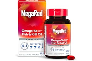 Megared Advanced 4in1 Omega-3 Fish Oil + High Absorption Krill Oil 500mg, Concentrated Omega-3 Fish & Krill Oil Supplement for Heart, Joints, Brain & Eyes, 40 Count