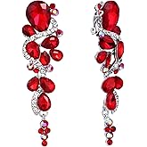 BriLove Wedding Bridal Clip-On Earrings for Women Bohemian Boho Crystal Multiple Teardrop Chandelier Dangle Jewelry Ruby Color Silver-Tone