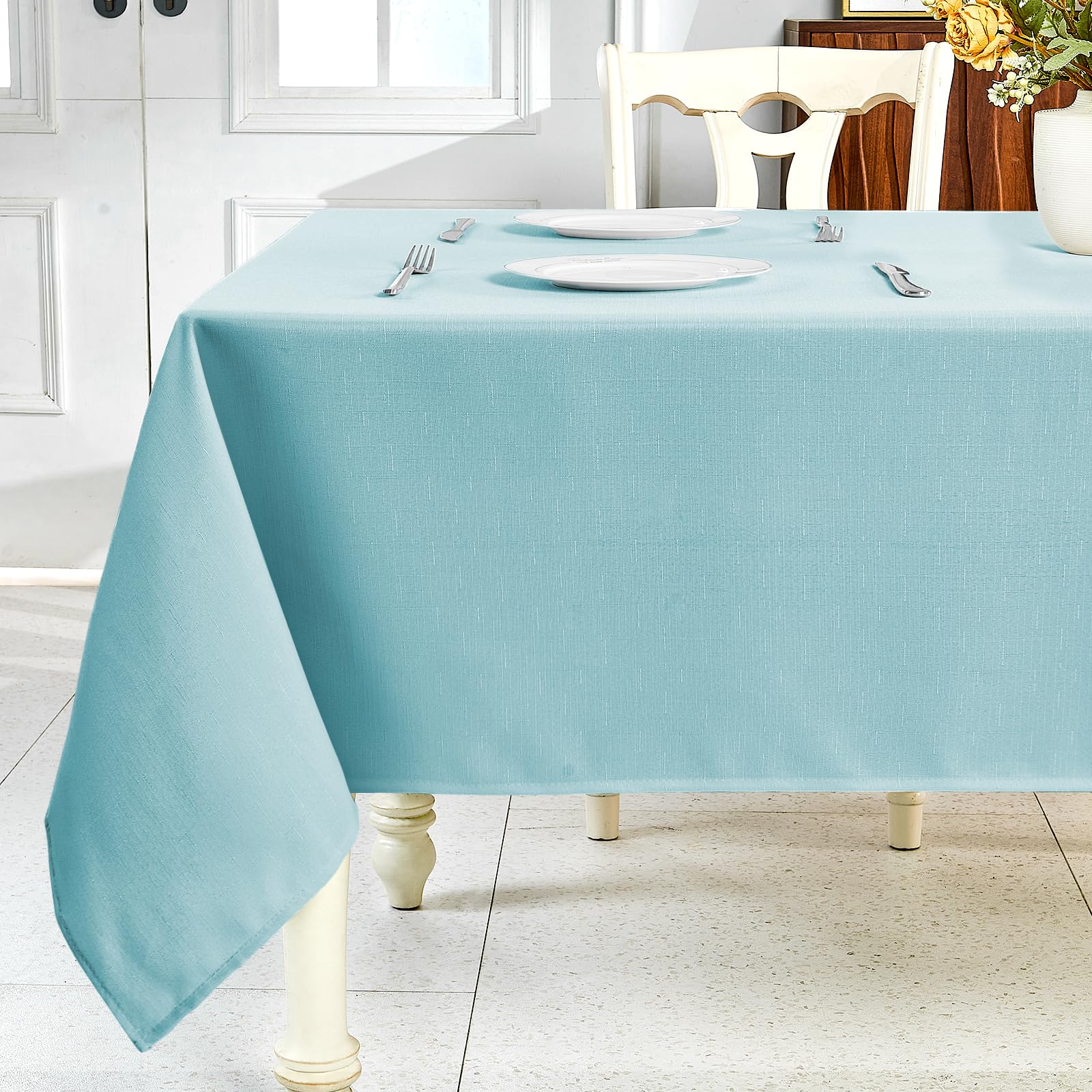 Photo 1 of IVAPUPU Textured Linen Table Cloth for Rectangle Tables - Light Blue Tablecloths Rectangular Waterproof Wrinkle Free Wipeable Dining Table Cover for Spring Wedding Birthday Kitchen Decor, 52 x 70 Inch