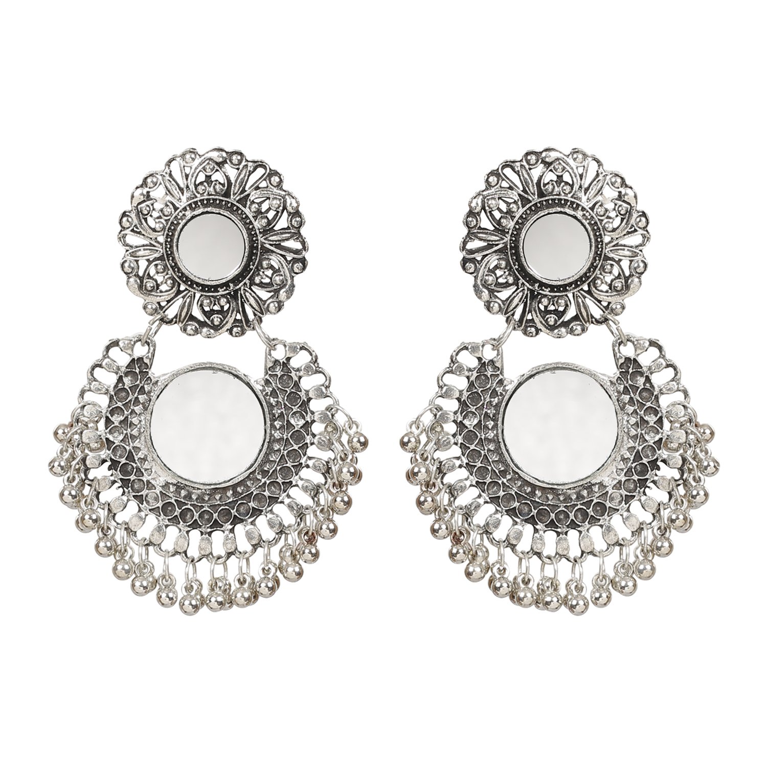nawab boho gypsy mirror oxidised silver earrings for girls and women (1 pair)