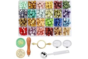 KKJCXY Wax Seal Stamp Kit - Sealing Wax Beads in 24 Colors with Personalized Letter Stamp,Steel Melting Spoon,Tea Candles and Round Molds – Perfect for Wedding Invitations,Envelopes(S)
