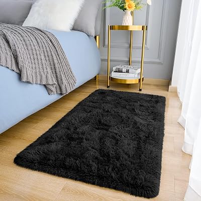 MOONLIGHT20015 Black Shag Rug 60x110cm Non-Slip Ultra Soft Plush Carpet