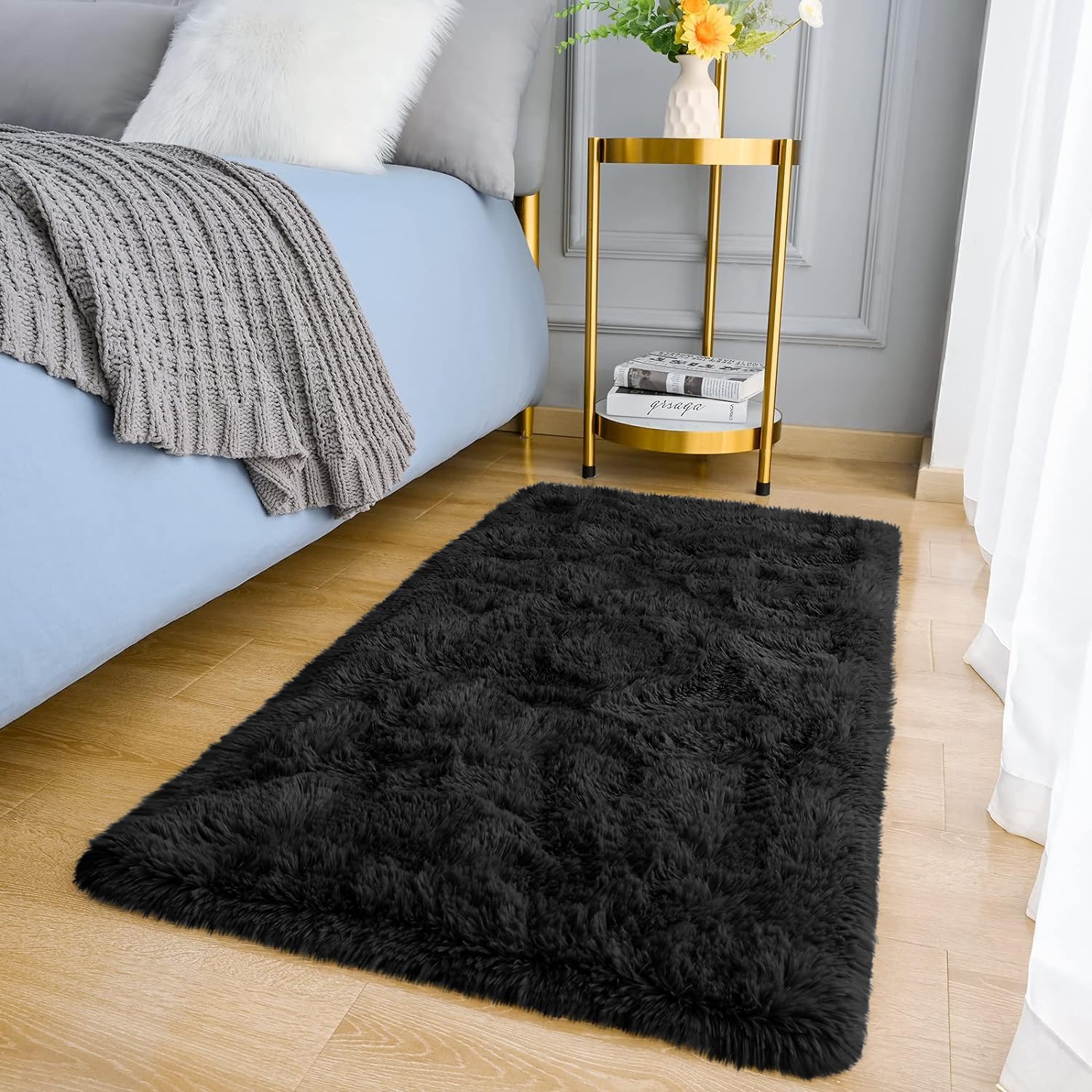 MOONLIGHT20015 Rugs Living Room – Black Area Rugs for Bedroom Non Slip – Fluffy Shaggy Rug Super Soft Small Thick Pile Non-Shedding Plush Carpet for Lounge, 60cm x 110cm