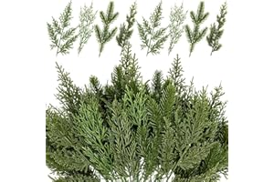 KUNJOCY 40 Pcs Artificial Pine Branches Assorted Faux Pine Stems Cedar Leaves Needle Sprigs Plastic Fake Christmas Greenery Pine Picks for Xmas Tree Wreaths Garlands DIY Accessories Home Decor (40, Green)