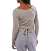 OFSOAK Sexy V-Neck Women's Crop Sweater 100% Wool Drawstring Slim Fit Trendy for Women Tie Front Long Sleeve Grey