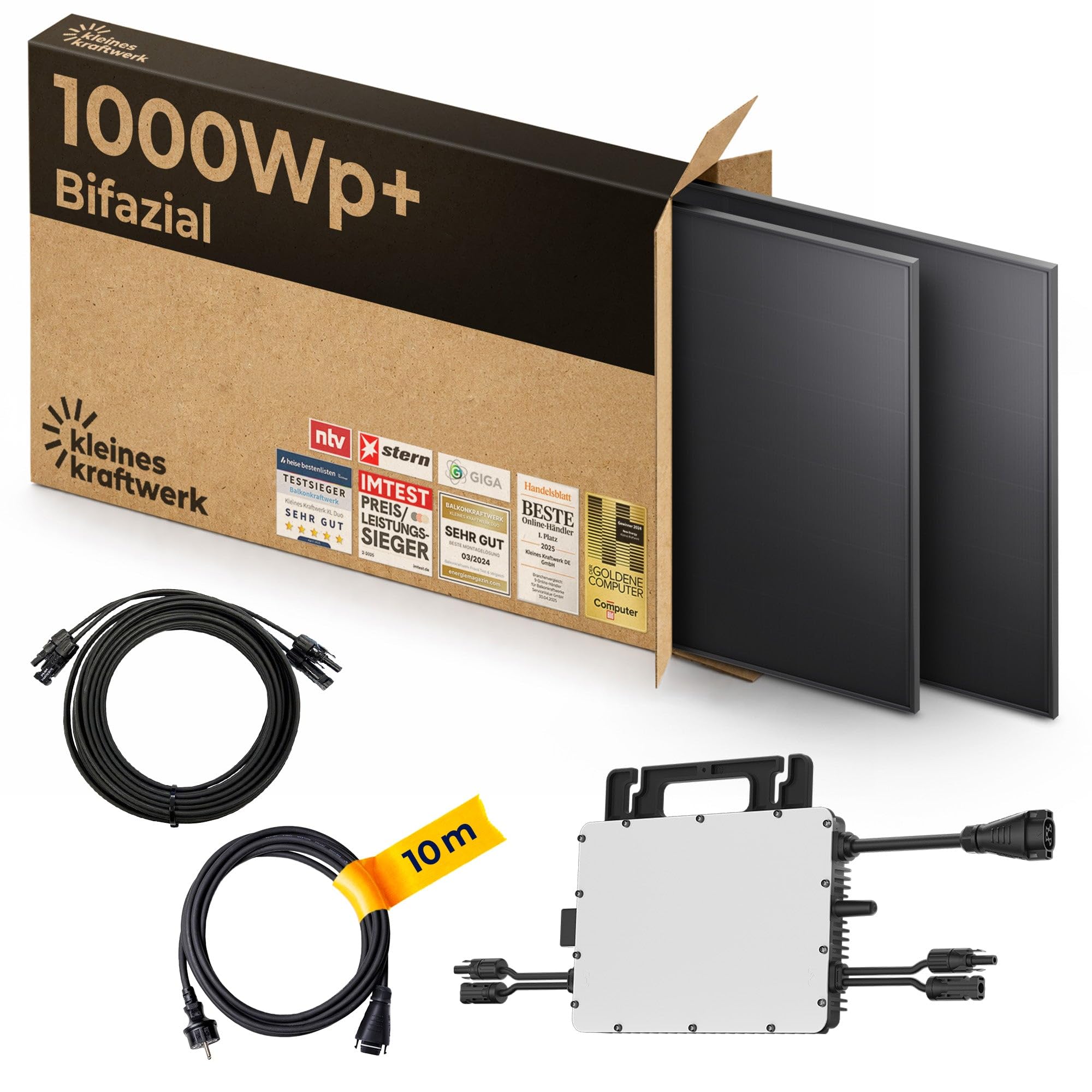 Kleines Kraftwerk 1000W Balkonkraftwerk XL Komplettset – 800W Wechselrichter mit WiFi & Bluetooth, 2×500W bifaziale Solarmodule, 5 m Kabel, Steckdose – Solaranlage Balkon ohne Halterung