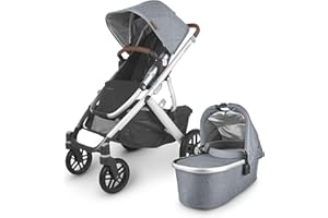 UPPAbaby Vista V2 Stroller/Convertible Single-to-Double System/Bassinet, Toddler Seat, Bug Shield, Rain Shield, and Storage Bag Included/Gregory (Blue Mélange/Silver Frame/Saddle Leather)