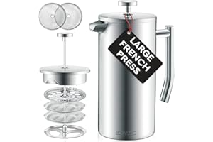 Belwares French Press Coffee Maker 50 Oz – Insulated Coffee Press Stainless Steel 304 Large – Double Wall, & 4 Level Filtration System (1.5 Liter) – Silver