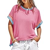 Womens Color Block Oversized Tops Trendy Casual Summer Textured Ribbed Knit T Shirts Loose Fit Short Sleeve Tshirts