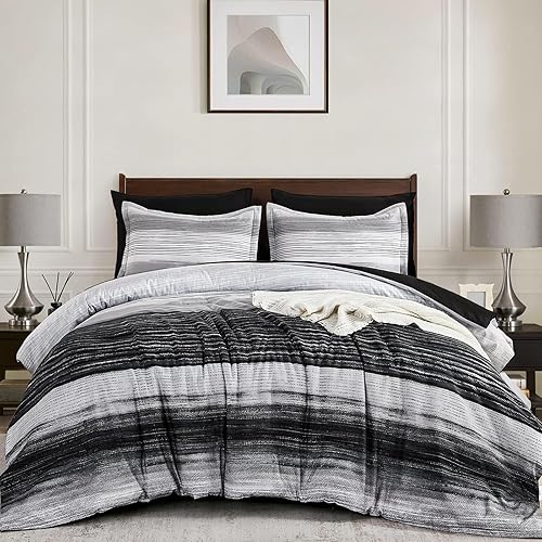 WONGS BEDDING Black King Comforter Set 7 Pieces, Striped Comforter Bedding Set for All Season, Ultra Soft King Size Bed in a Bag with Sheets, Pillowcases & Shams