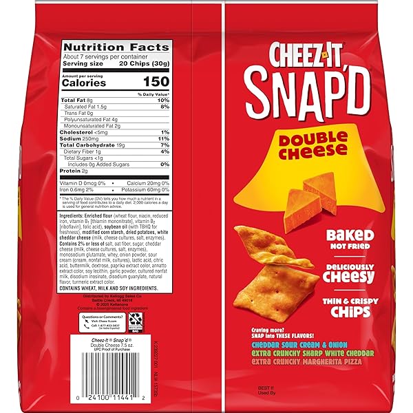 CHEEZ-IT SNAP’D CHEESE CRACKER CHIPS, THIN CRISPS, LUNCH SNACKS, DOUBLE CHEESE, 45OZ CASE (6 BAGS)