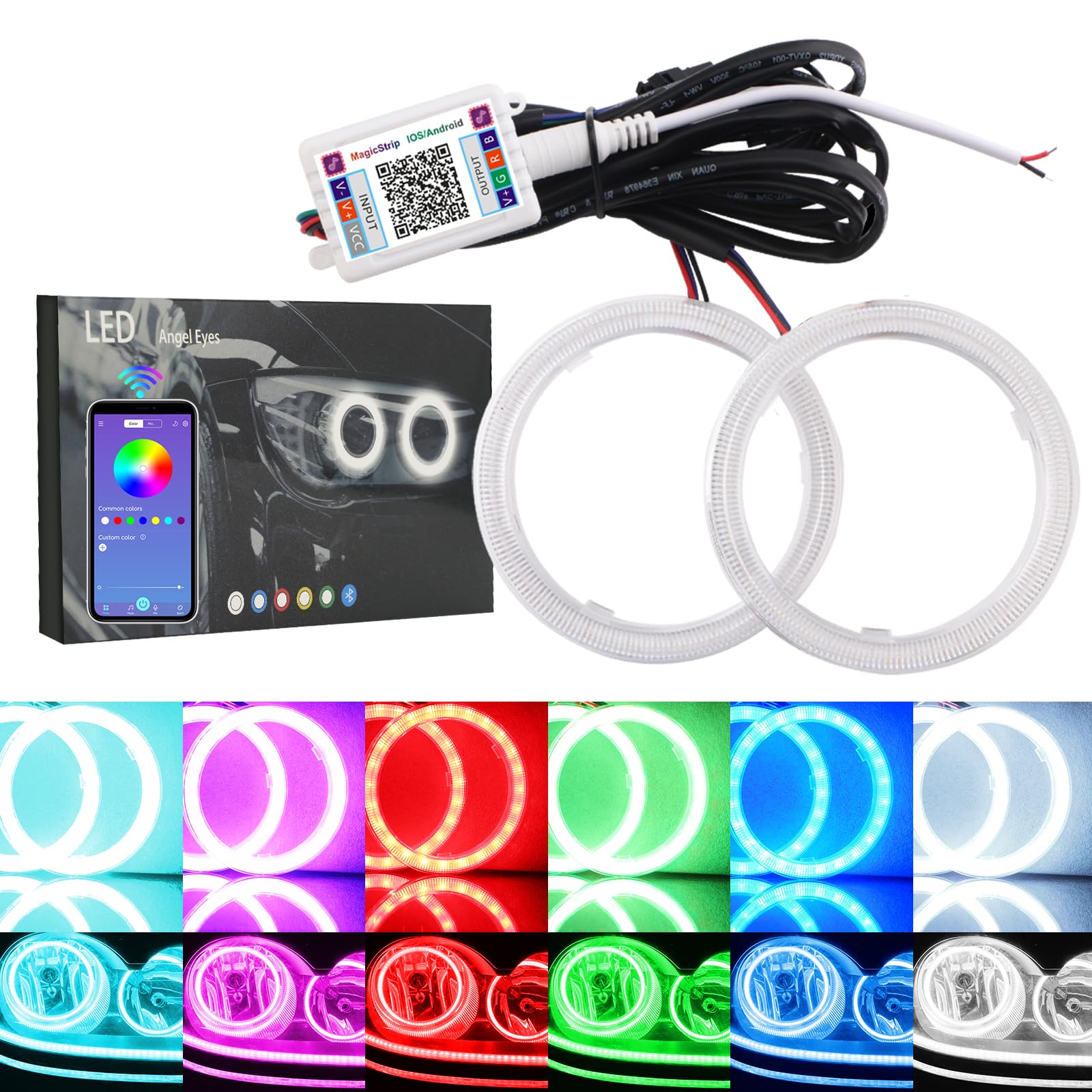 QasimLED 1-Pair 80MM 81SMD COB LED RGB Halo Rings Angel Eyes Universal for Motorcycle Car Headlight Warning Lamp with Cover Bluetooth Mobile APP Control 12V DC