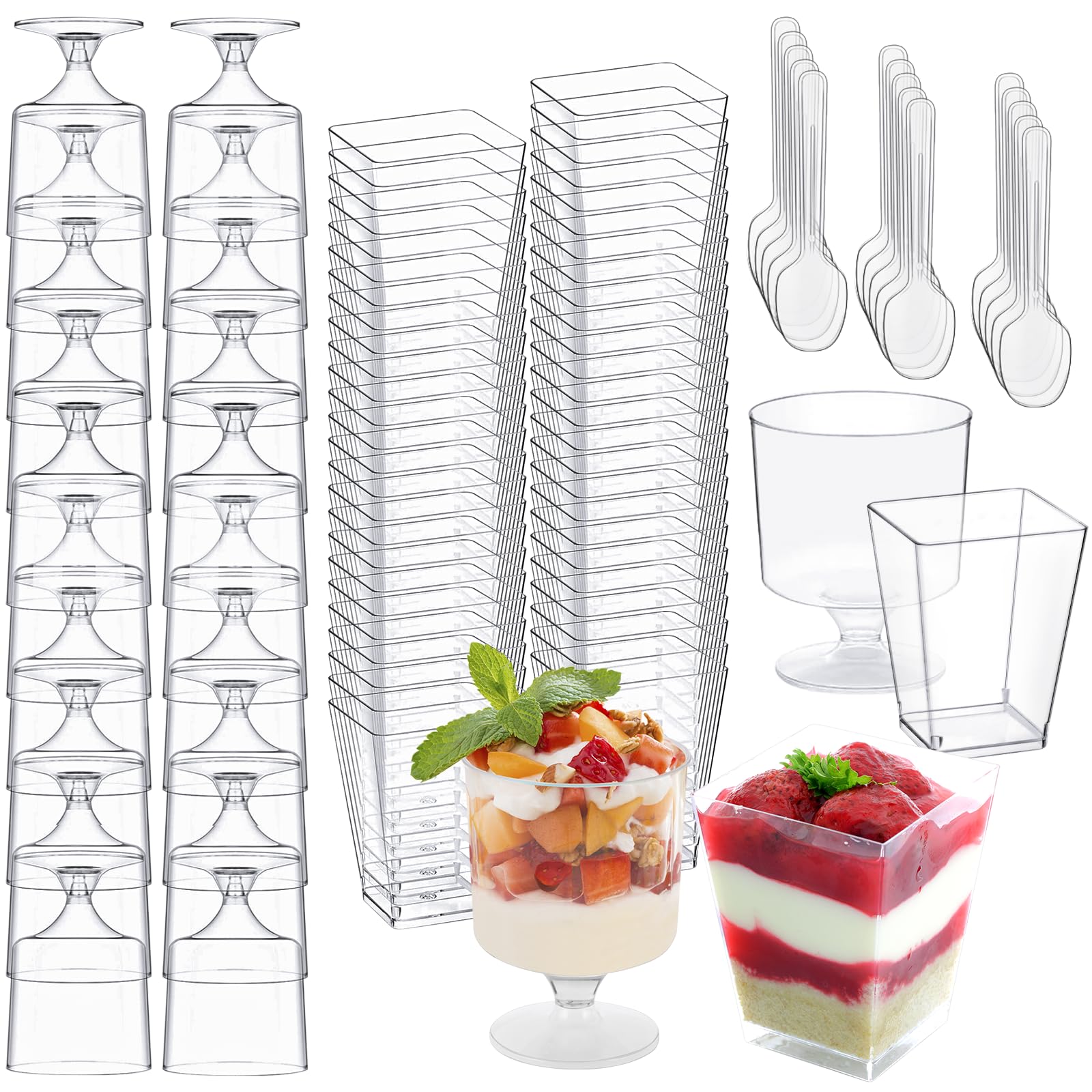 Photo 1 of 320-Pack Dessert Cups with Spoons 5 oz Mini Plastic Dessert Cups for Party Yogurt Parfait Jello Fruit Appetizer Cocktail Small Clear Reusable Square and Round Goblet-Shaped Dessert Bowls Shot Glasses