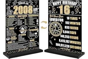 EIURTEAO 16th Birthday Decorations Back in 2008 Table Sign for Men Women, Black Gold Happy 16 Bday Two-Sided Wooden Table Poster with Stand Party Supplies, Sixteen Birthday Display Holder Decor for Table Decor