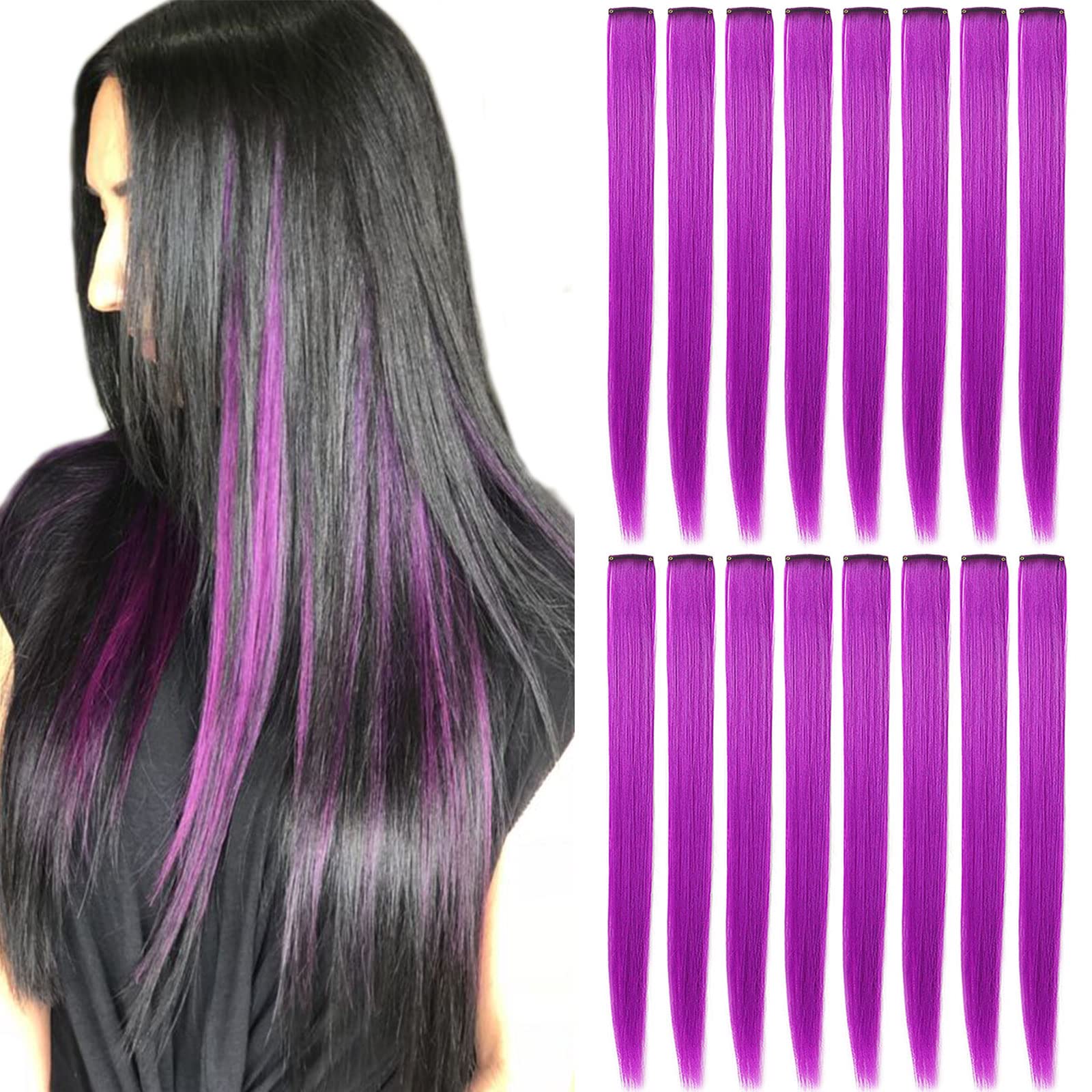 SHKJCHP Colored Hair Extensions Clip in 21"/55cm Long Straight Purple Hair Heat Resistant Girls Wig Pieces For Women Cosplay Hair Accessories 16PSC (Purple)
