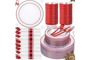 Ciaell 350 PCS Clear and Red Plastic Plates – Red Dinnerware Set for 50 Guests Include 100 Plastic Plates, 50 Pre Rolled Napkins with Cutlery Set, 50 Cups for Wedding & Party & Anniversary & Christmas