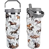 cahduenx 30 oz Horse Tumbler with Straw Handle, Vintage Gifts for Women Men Horse Lover, Stainless Steel Insulated Water Bottle Coffee Cups for Home Office Travel（White）
