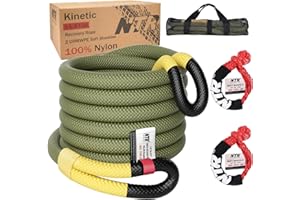 NTR 1-1/8" x 30' Kinetic Recovery Tow Rope (37,480lbs), with 2 UHMWPE Soft Shackles (40,980lbs), Heavy-Duty Offroad Snatch Strap, Vehicle Recovery kit for Jeep car Truck ATV UTV SUV
