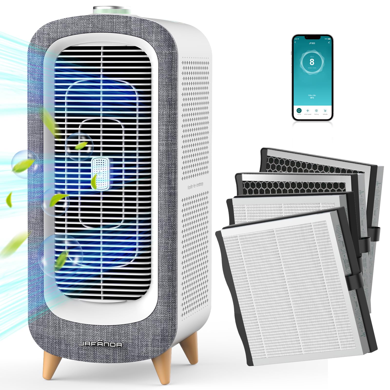 Jafända Air Purifier JF500 with 4 HEPA 13 Activated Carbon Filters Up to 2105ft², Air Cleaner 22dB Sleep Mode for Home Bedroom Large Room Pets Smokers, Removes 99.97% Mold Odor Dander Allergies