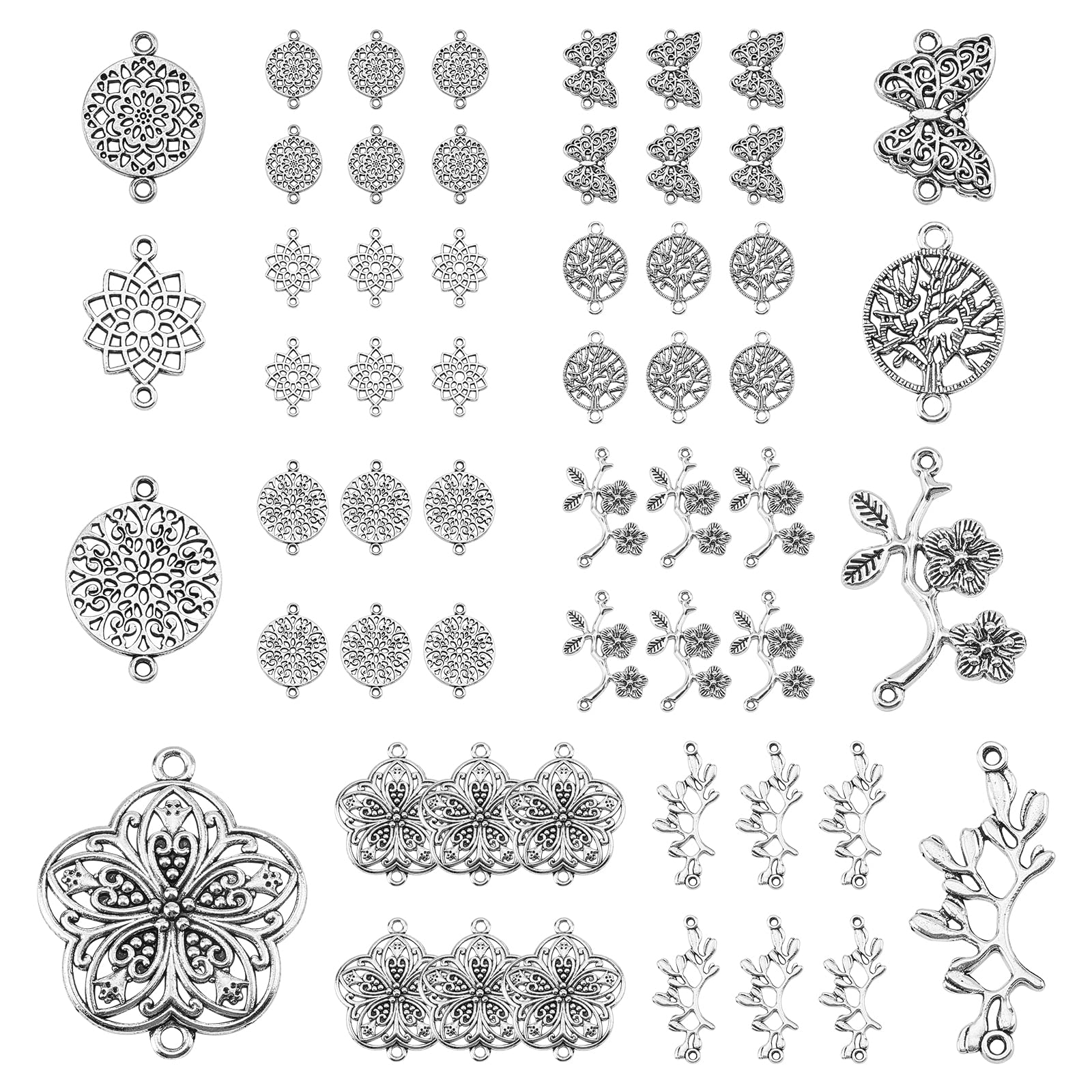 SUNNYCLUE 1 Box 64pcs 8 Styles Butterfly Tree of Life Connector Charms Findings Chakra Flower Craft Supplies for DIY Jewellery Bracelet Necklace Earring Making Crafting Accessories, Antique Silver