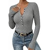 QIANZHIDU Women's Rib Knit Henley Button Down Long Sleeve Crop Blouse Pullover Thin Sweater Top