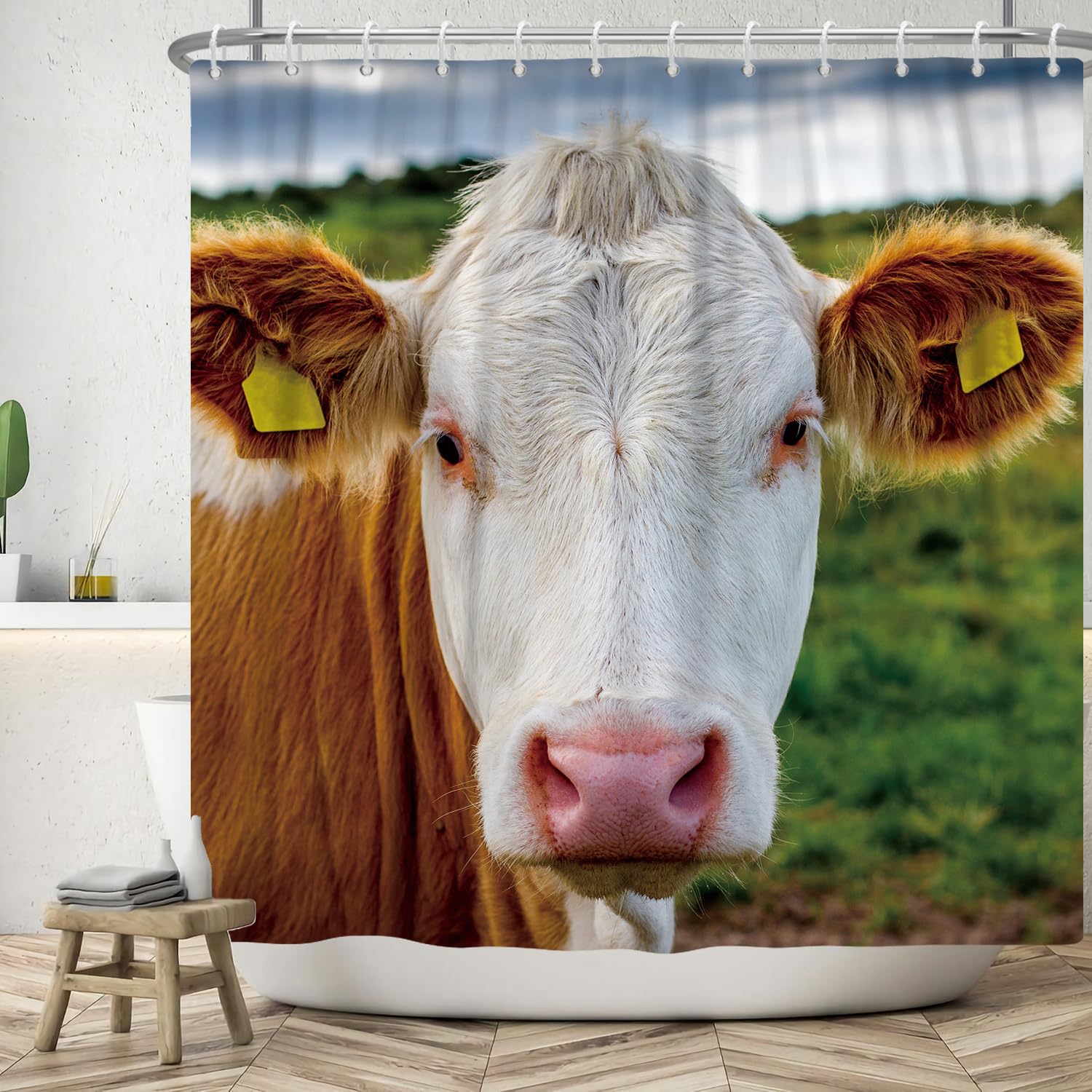 ASDCXZ Funny Shower Curtain 180x200 cm, Funny Cow Head Bath Washable Shower Curtains Polyester Textile Waterproof Bath Curtain for Bathtub with 12 Hooks — image 1