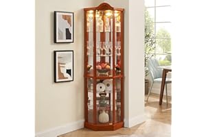CKEASEAN Curio Cabinet 72" Lighted Glass Corner Cabinet, Corner Display Cabinet with 6 Adjustable Glass Shelves Vintage, Curio Display China Cabinet Light Bulb Included (Oak)