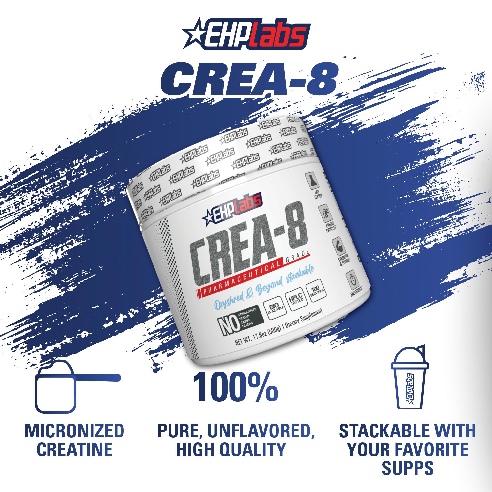 EHP Labs CREA-8 Creatine Monohydrate Powder - Unflavored Creatine Powder for Muscle Growth, Increased Strength, Enhanced Energy Output and Improved Performance - 100 Servings (500g)