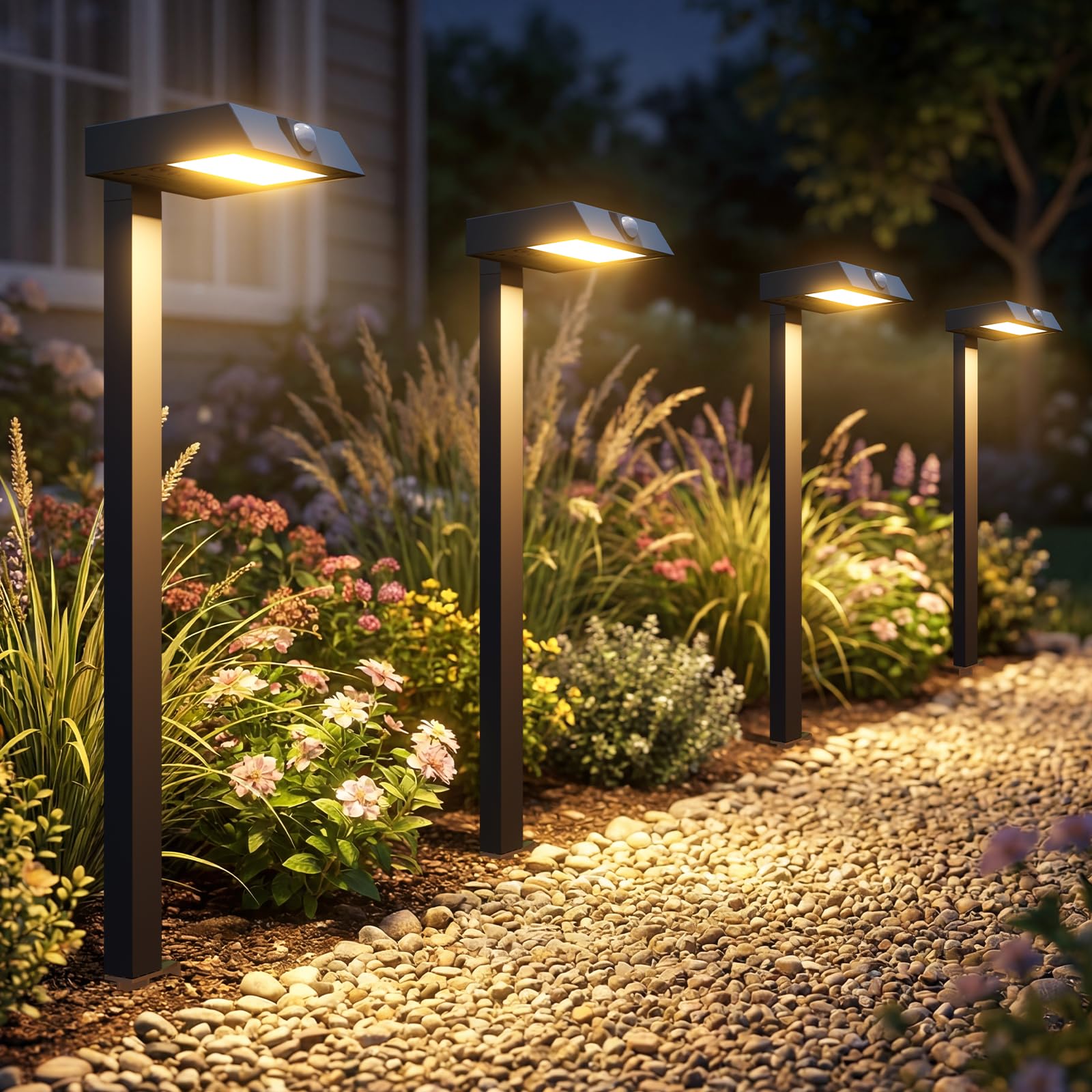 Photo 1 of *MISSING POLES*  GXMCOSY+ Solar Pathway Lights with Motion Sensor 6 Pack, 300LM Metal Solar Lights Outdoor Waterproof, 3 Modes Landscape Lighting for Garden, Backyard, Outside, Path (Warm/Cool White)