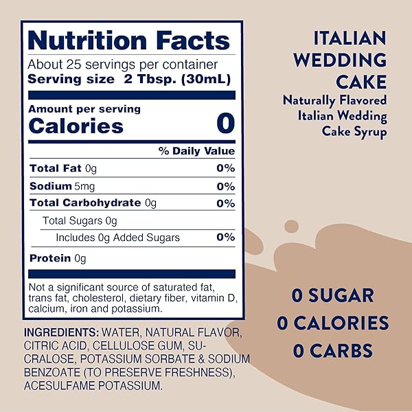 JORDAN’S SKINNY SYRUPS SUGAR FREE COFFEE SYRUP, ITALIAN WEDDING CAKE SYRUP FLAVOR, ZERO CALORIE FLAVORING FOR LATTE, PROTEIN SHAKE, COCKTAIL & MORE, GLUTEN FREE, KETO FRIENDLY, 25.4 FL OZ, 1 PACK