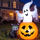 Joiedomi 5FT Halloween Inflatables Ghost Decorations, Lighted Ghost on Pumpkin with Black Cat Outdoor Decor, Halloween Blow Up Yard Decorations for Outside Patio Lawn Party Indoor Decor
