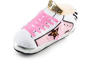Haute Diggity Dog Pink Golden Pooch Tennis Shoe, Plush Designer Dog Toys with Interactive Squeaker, Stimulating Pet Enrichment, Machine-Washable & Safe Materials for All Breeds, One Size