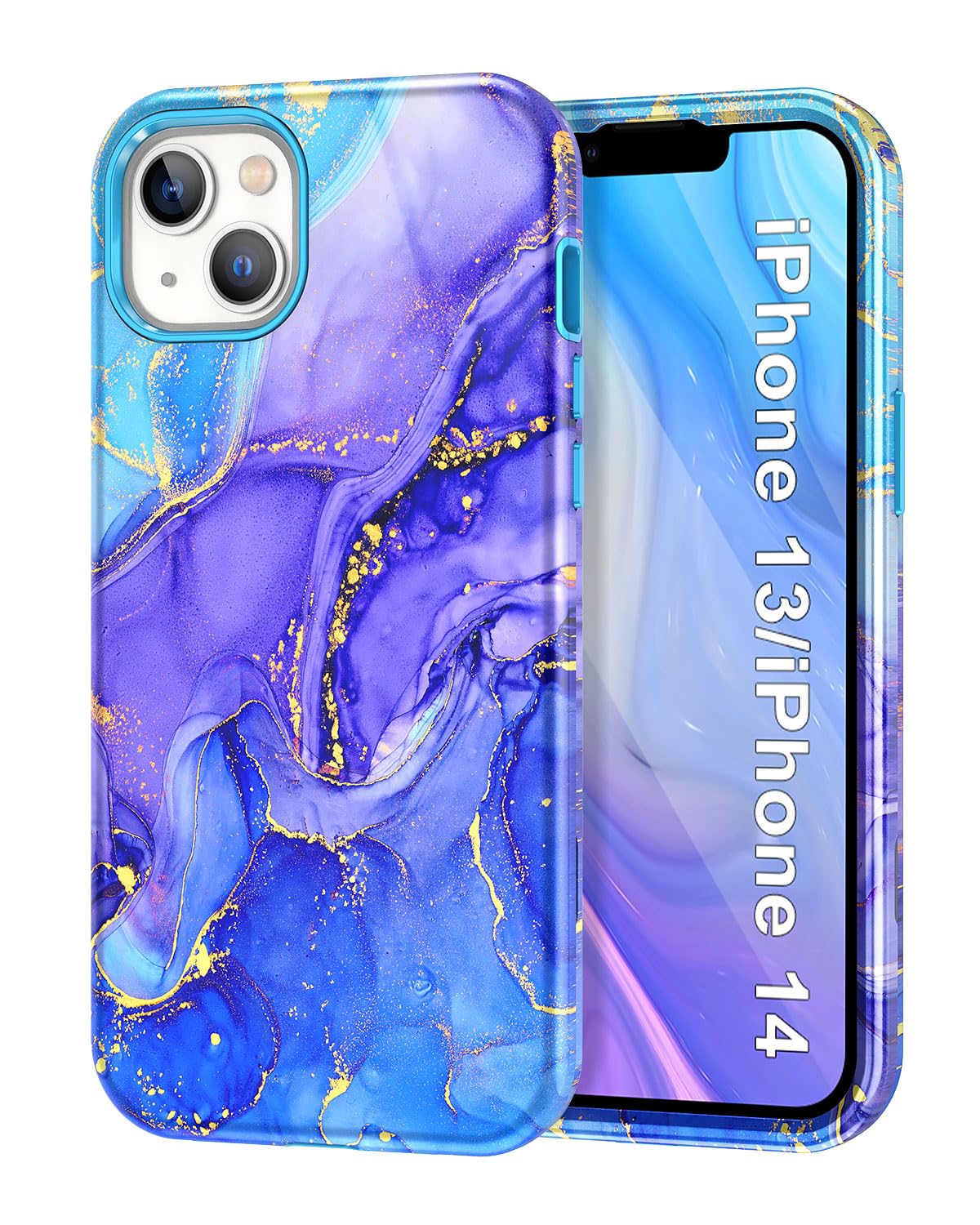 CASEFIV Compatible with iPhone 13 Case, Marble Pattern 3 in 1 Heavy Duty Shockproof Full Body Rugged Hard PC+Soft Silicone Drop Protective Girls Women Cover for iPhone 13 6.1 inch 2021,Sky Blue Marble