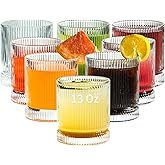 KEMORELA Drinking Glasses Set of 8, Ribbed Glassware, 13 Oz Old Fashioned Whiskey Glass, Vintage Glassware, Origami Style Cocktail Glasses, Clear Bar Glasses for Iced Coffee & Beverages (8PCS)