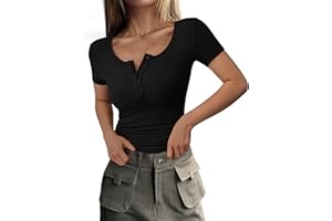 PRETTYGARDEN Women's 2026 Fall Summer Short Sleeve Tops Ribbed Henley Button Slim Fit Basic Casual T Shirts Blouse Clothing