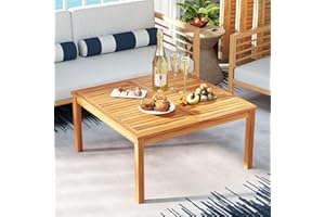 RELAX4LIFE Wood Outdoor Coffee Table - 35.5’’ Square Patio Table w/Slatted Tabletop & Solid Legs, Outdoor Dining Table for Ba