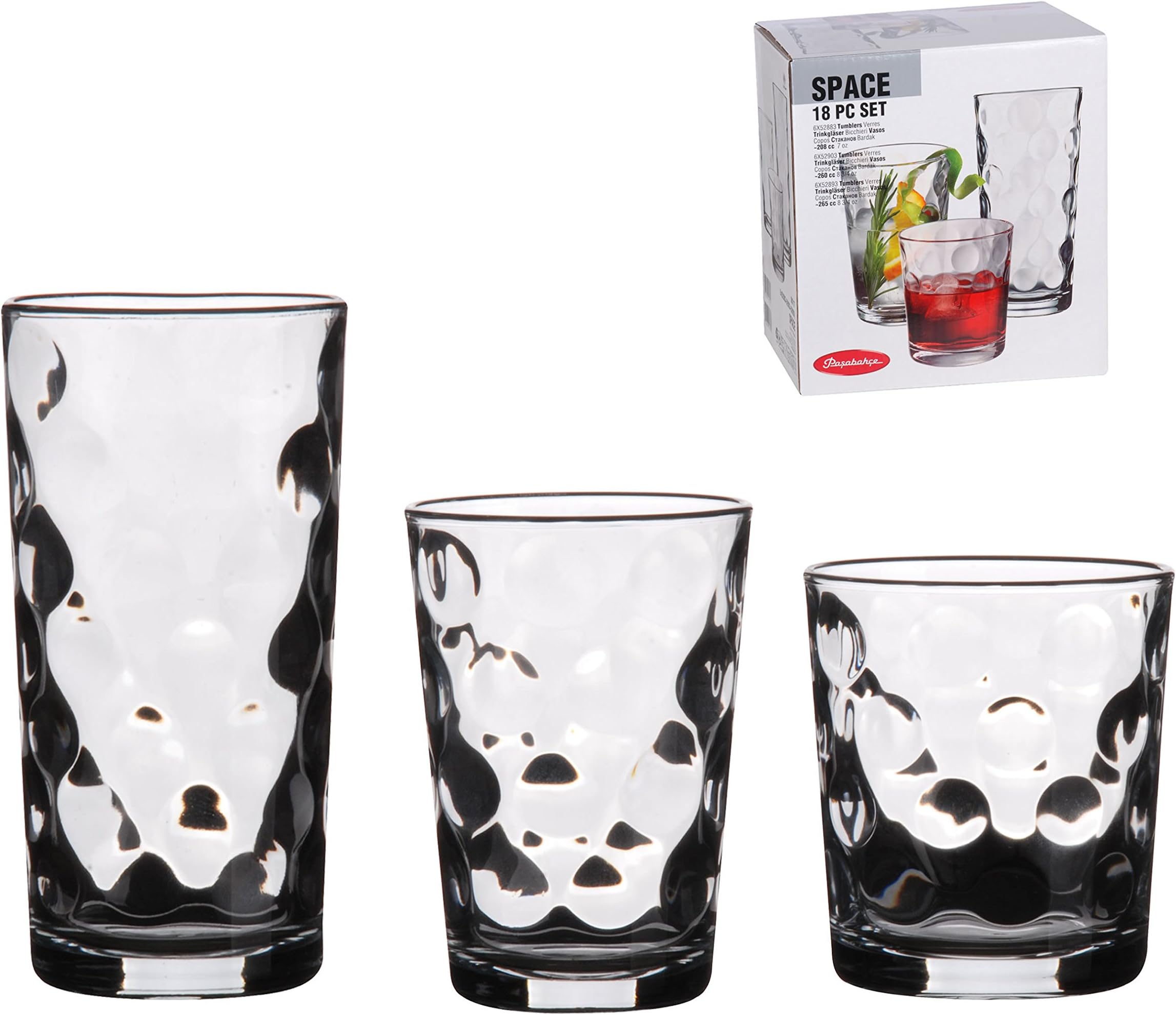Cavendish Trading 18 Piece Drinking Glassware Set-Includes Highball, Medium and Tumblers (Bubble (Space), Design, 20 x 38 x 29 cm