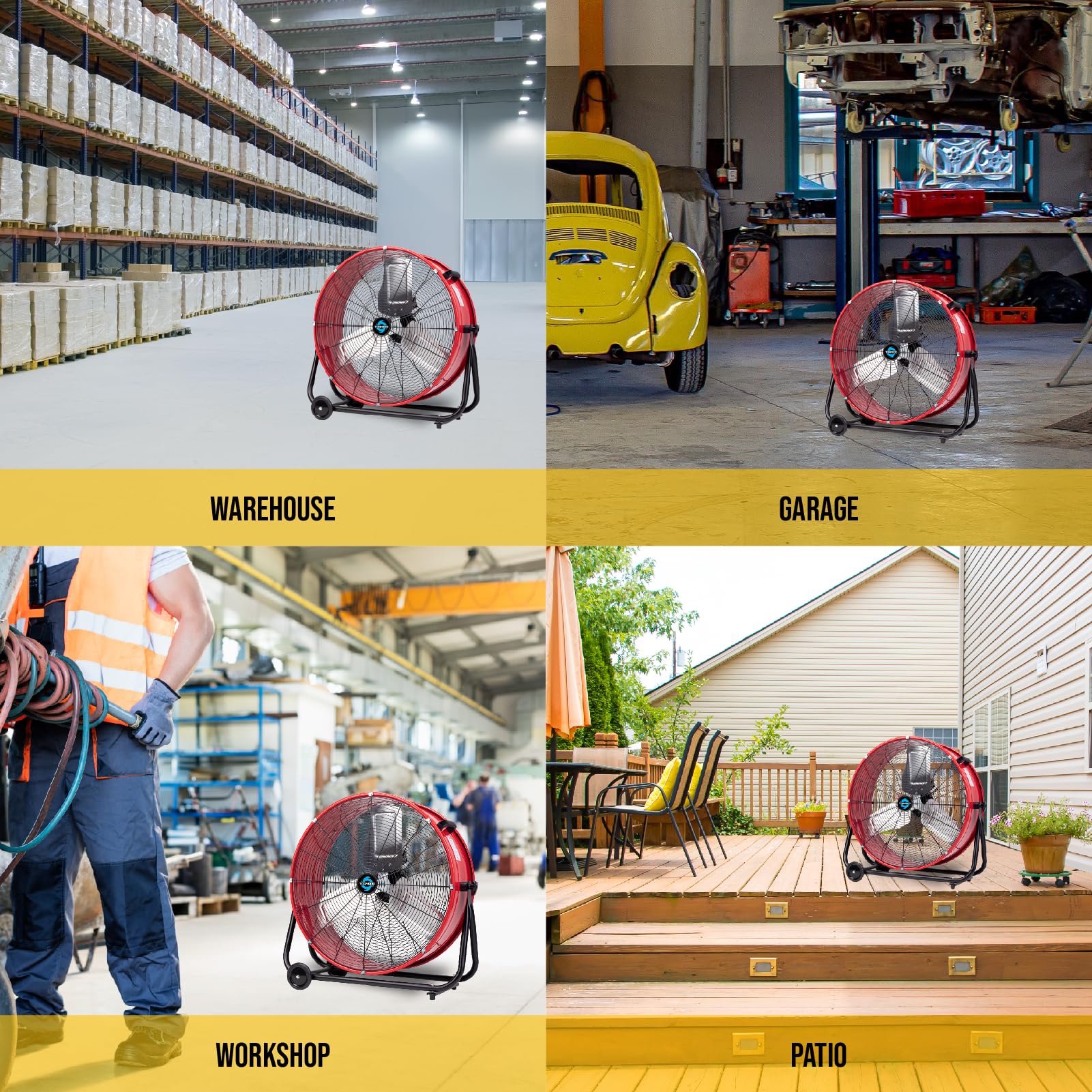 Tornado 24 Inch High Velocity Heavy Duty Tilt Metal Drum Fan Wide Version Red Commercial, Industrial Use 3 Speed 8800 CFM - 8 FT Cord UL Safety Listed