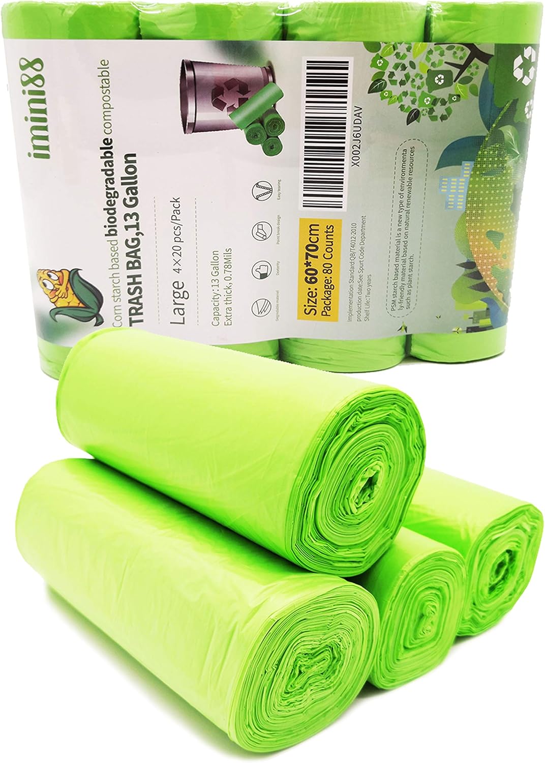 13 Gallon 80 Pcs Biodegradable Compostable Trash Bags – Transparent Green Bags – Strong and Leak-Proof – Compostable Trash Bags – Multipurpose Bin Bags for Bedroom, Bathroom, Kitchen, Office, Etc.: Health & Personal Care