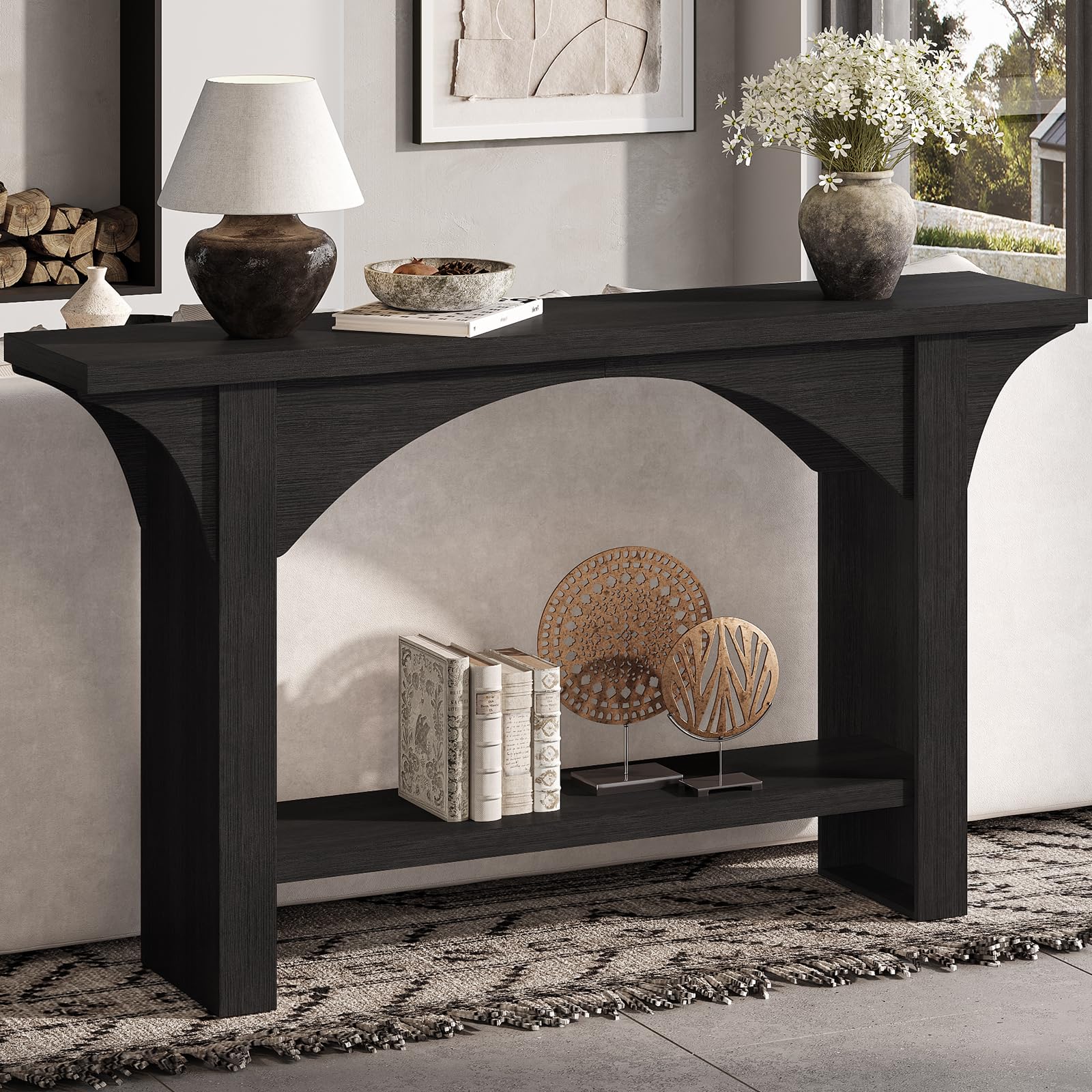 Photo 1 of Tarnorci 55 Inches Console Table,2 Tier Farmhouse Entryway Table,Narrow Wood Accent Tables with Storage Shelves for Living Room,Entrance,Hallway,Foyer (Black)